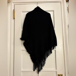 Black Knit Faux Fur/Fringe Poncho/Cape